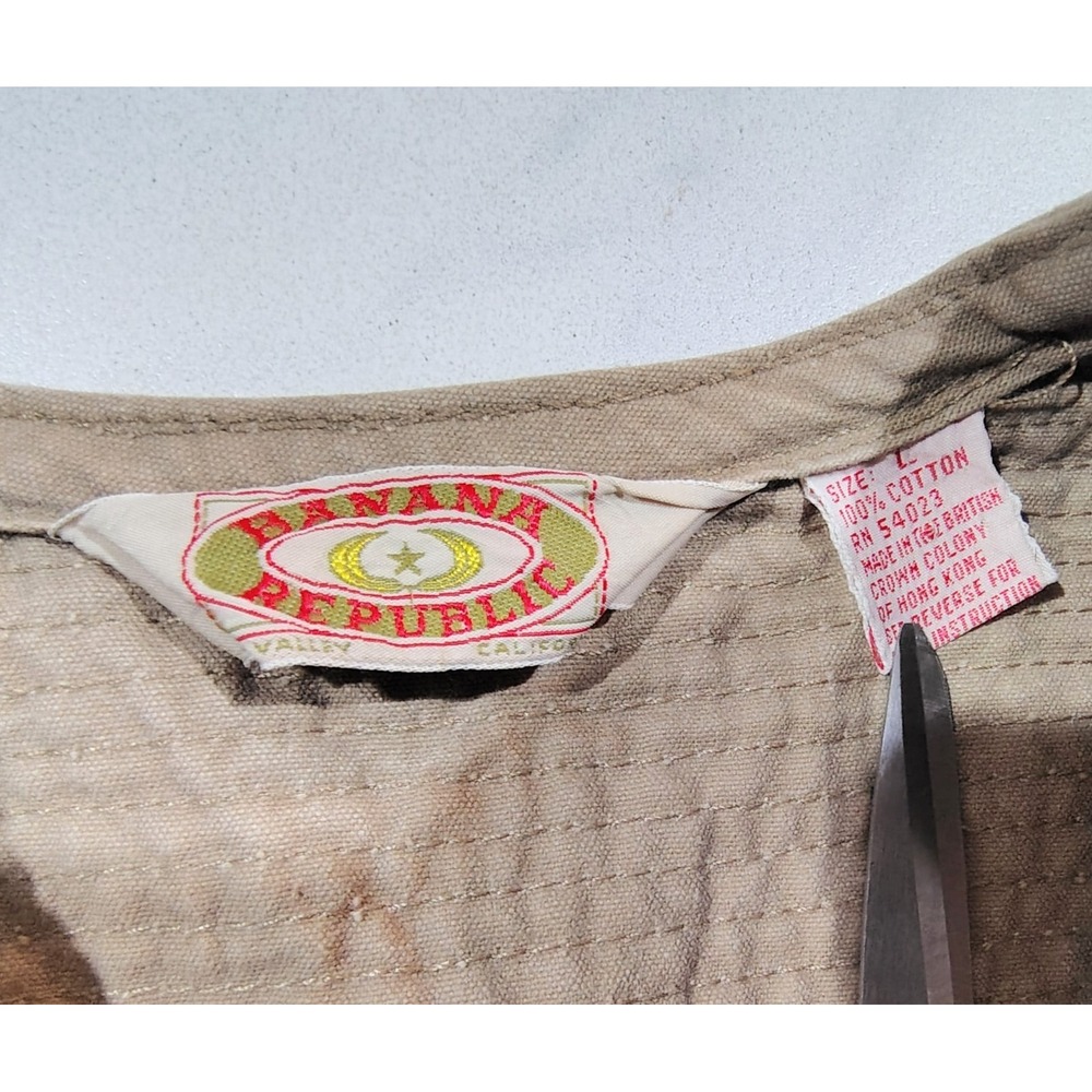Vintage 80s Banana Republic Safari Vest Mens L Tan Khaki Cotton Utility Fishing - Picture 4 of 7